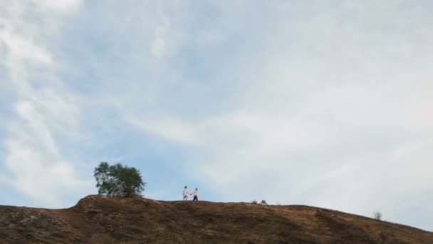 The view from drone on the happy loving couple of travellers holding hands while walking along the mountains. — Stock Video