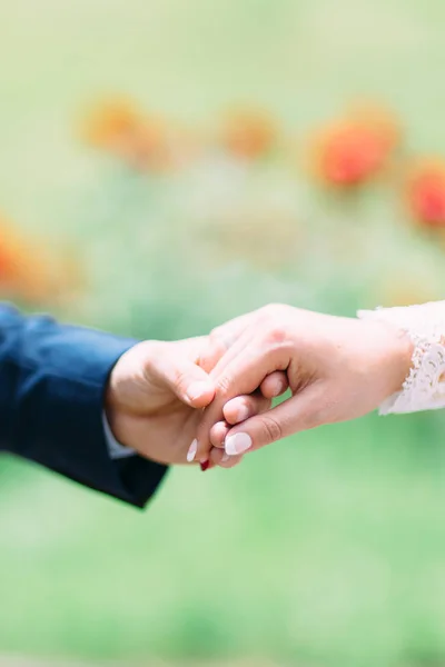 The holding hands of the newlywed couple. — Stock Photo, Image