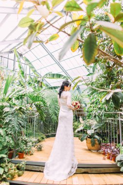 Sera içinde merdivenlerden yukarı gidiyor gelinin arkadan görünüm.