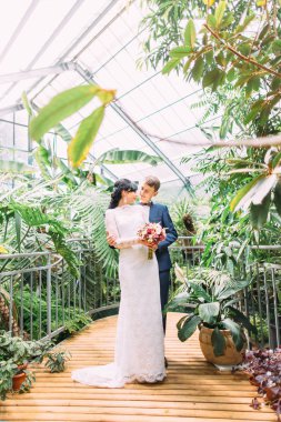 Tam uzunlukta fotoğraf damadın gelini geri sarılıyor. Sera yeri.