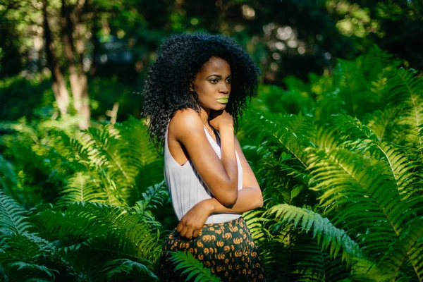Retrato horizontal de meio comprimento do atraente modelo africano com sombras de olhos verdes e batom olhando atentamente para além de estar entre samambaias . — Fotografia de Stock