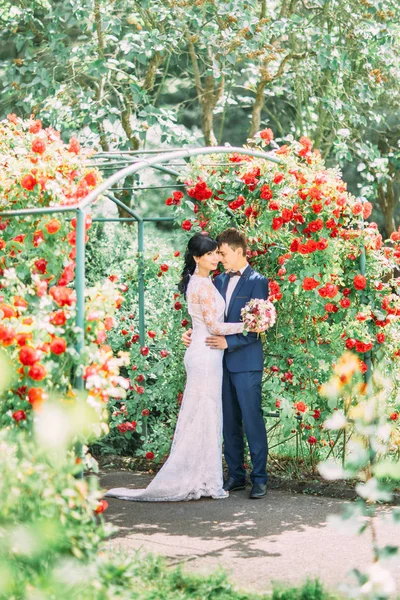 Retrato ao ar livre sensível do alegre casal recém-casado abraçando acima do arco de rosa vermelha . — Fotografia de Stock