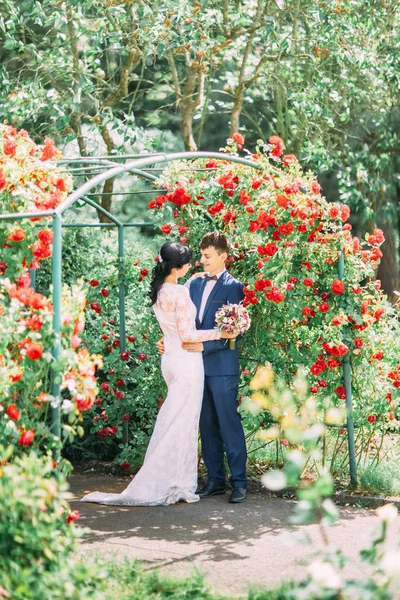 Ganzkörperaufnahme des umarmten Brautpaares, das neben dem roten Rosenbogen im Garten steht. — Stockfoto