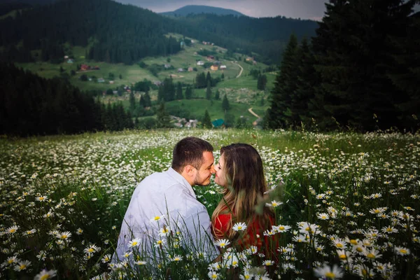 Romantikus portréja a vidám mosolygós pár gyengéden dörzsöli orra ülve, a virágzó daisy réten a háttérben, a zöld-hegység. — Stock Fotó