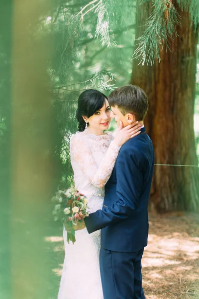 Retrato de meio-comprimento da noiva tocando o rosto do noivo na floresta . — Fotografia de Stock