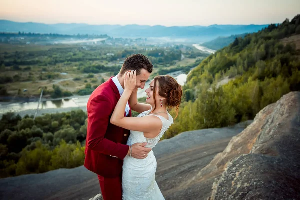 新婚夫妇的感情婚礼照片。幸福的情侣在美丽的风景的背景下微笑拥抱。新娘在抚摸新郎的脸. — 图库照片
