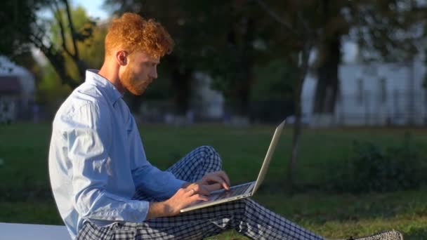 Красивый серьезный человек с вьющимися рыжими волосами и бородой работает, болтает и просматривает через ноутбук, сидя в солнечном парке . — стоковое видео