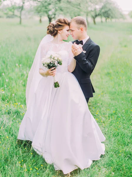 Vertical portrait of the happy newlywed couple standing head-to-head at the background of the green field. — Stock Photo, Image