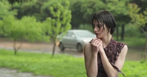 Young brunette woman at rainy weather, she is standing outdoor and hugging herself. 4k Video. Slowmotion. Portrait. — Stock Video