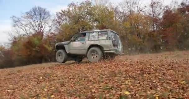Touristic activities, exreme. 4k. Extreme off-road car Mitsubishi Pajero driving fast on mountain road covered with fallen leaves. Fog over the hills — Stock Video