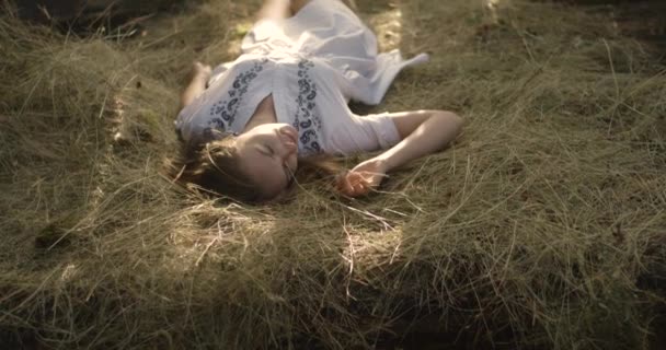 Young woman smiling in the sun rays on the hay. Wooden shed. 4K. — Stock Video