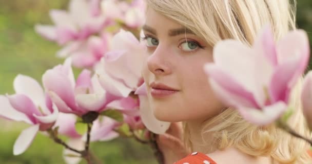 Porträtt av ung charmig kvinna med ett magnifikt gyllene hår bland blomsterträd med rosa kronblad. Attraktiv ung dam är kylning på naturen. 4k-video. — Stockvideo