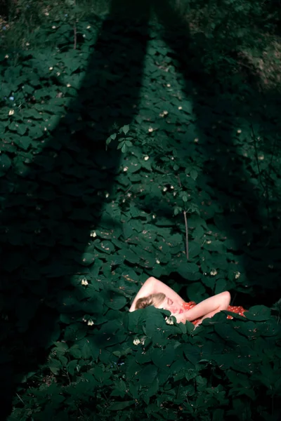 Hermosa mujer acostada entre plantas de color verde oscuro, chica bonita relajante al aire libre . — Foto de Stock