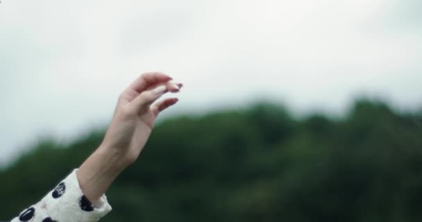 Main féminine avec belle manucure sur fond de nature. mouvements gracieux de la main . — Video