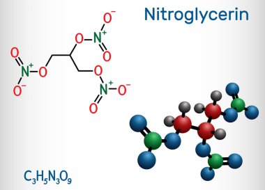 Nitrogliserin, gliseril trinitrat, nitro molekül, uyuşturucu ve patlayıcıdır. Yapısal kimyasal formül ve molekül modeli. 