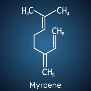Myrcene (beta-myrcene molekülü), tek hücreli doğal bir organik hidrokarbondur. Koyu mavi arkaplanda yapısal kimyasal formül.