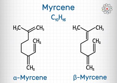 Myrcene, beta ve alfa myrcene molekülü, olefinik doğal bir hidrokarbondur. Yapısal kimyasal formül. Kafesteki bir kağıt parçası