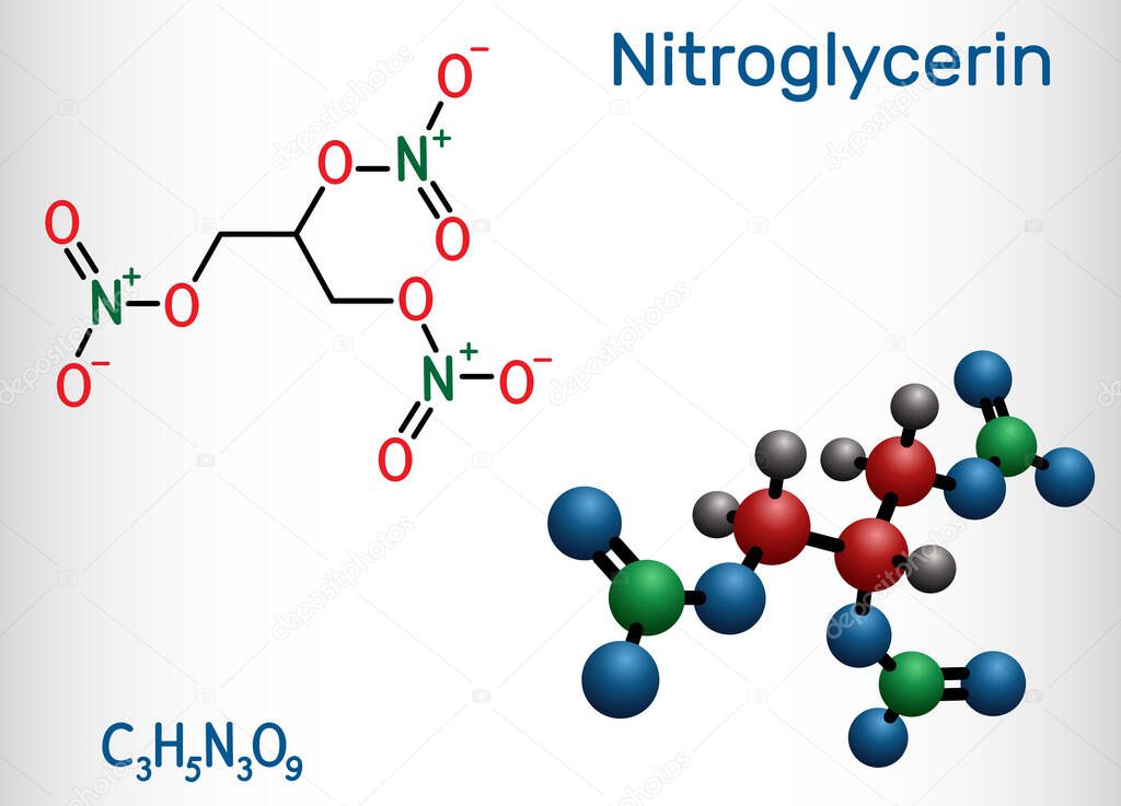 Nitroglycerin, glyceryl trinitrate, nitro molecule, is drug and explosive. Structural chemical formula and molecule model. Vector illustration
