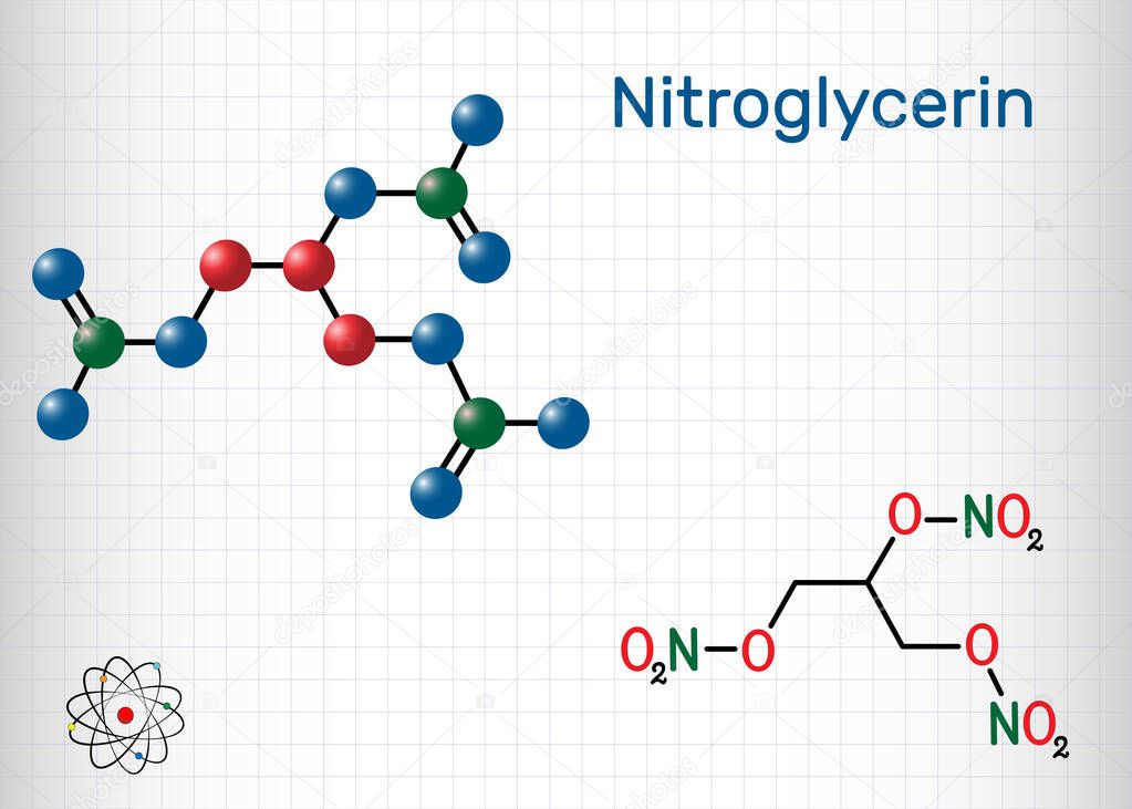 Nitroglycerin, glyceryl trinitrate, nitro molecule, is drug and explosive. Structural chemical formula and molecule model. Sheet of paper in a cage. 