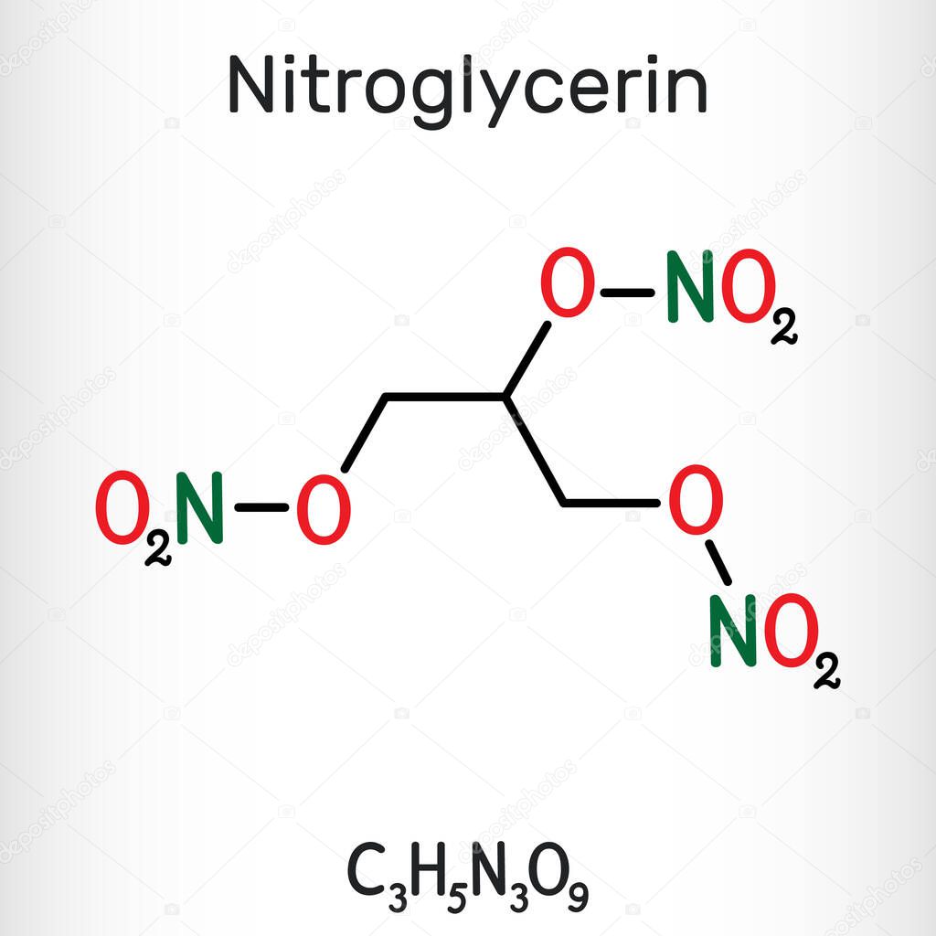 Nitroglycerin, glyceryl trinitrate, nitro molecule, is drug and explosive. Structural chemical formula.