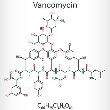 Vankomisin molekülü. Bakteriyel enfeksiyonları tedavi etmek için kullanılan bir antibiyotik. Yapısal kimyasal formül