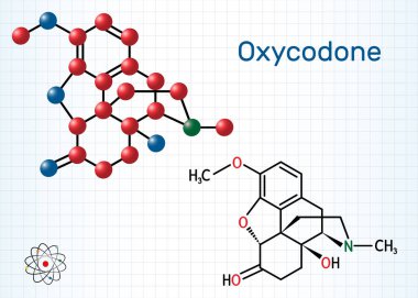 Oksikodon molekülü. Ağrı tedavisinde kullanılan yarı sentetik opioid bir ilaçtır. Yapısal kimyasal formül ve molekül modeli. Kafesteki bir kağıt parçası