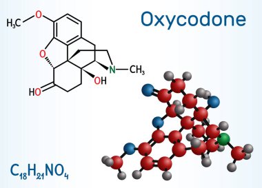 Oksikodon molekülü. Ağrı tedavisinde kullanılan yarı sentetik opioid bir ilaçtır. Yapısal kimyasal formül ve molekül modeli