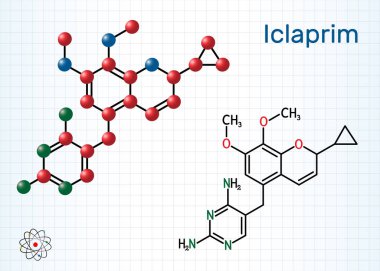 Iclaprim molekülü. Bu antibiyotik bir ilaç, Gram pozitif organizmalara karşı aktif. Yapısal kimyasal formül ve molekül modeli. Kafesteki bir kağıt parçası