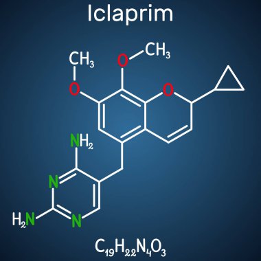 Iclaprim molekülü. Bu antibiyotik bir ilaç, Gram pozitif organizmalara karşı aktif. Koyu mavi arkaplanda yapısal kimyasal formül