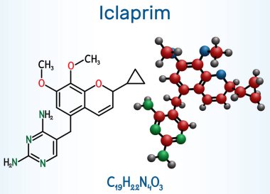 Iclaprim molekülü. Bu antibiyotik bir ilaç, Gram pozitif organizmalara karşı aktif. Yapısal kimyasal formül ve molekül modeli