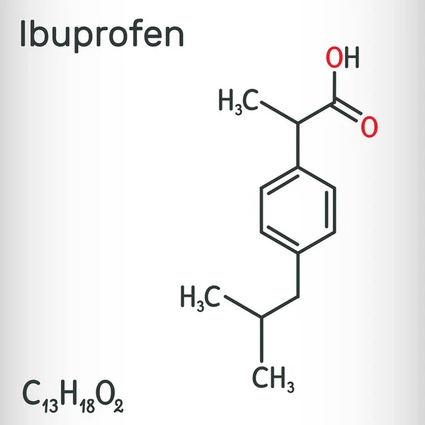 Molécula de ibuprofeno, es un medicamento antiinflamatorio no esteroideo AINE. Fórmula química estructural — Vector de stock