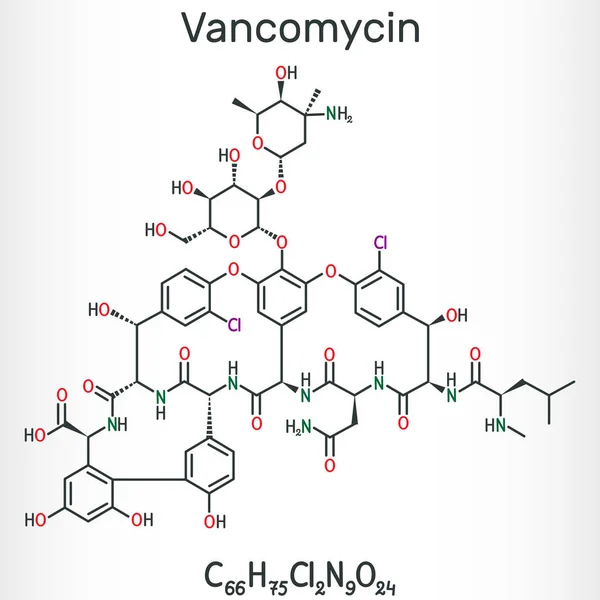 Molécula de vancomicina. Es un antibiótico utilizado para tratar infecciones bacterianas. Fórmula química estructural — Vector de stock