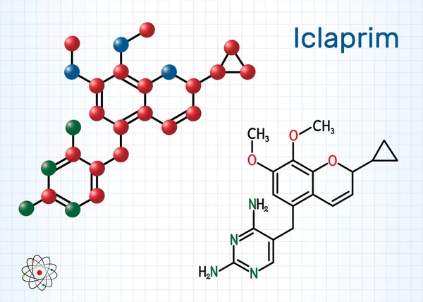 Molécula de Iclaprim. Es un fármaco antibiótico, es activo contra los organismos grampositivos. Fórmula química estructural y modelo molecular. Hoja de papel en una jaula — Vector de stock