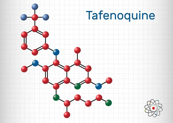 Molécula de tafenoquina. Se utiliza para prevenir y tratar la malaria. Hoja de papel en una jaula — Vector de stock
