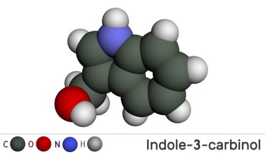 Indole-3-carbinol molekülü, brokoli, lahana, karnabahar, Brüksel lahanası, lahana yeşili ve lahana gibi sebzelerde bulunur. Moleküler model. 