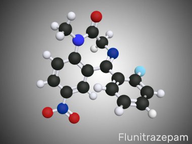 Flunitrazepam ilaç molekülü. Hipnotize edici, sakinleştirici ve endişe verici özellikleri var. Moleküler model