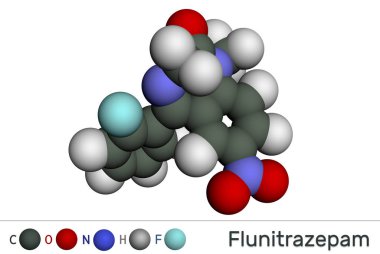 Flunitrazepam ilaç molekülü. Hipnotize edici, sakinleştirici ve endişe verici özellikleri var. Moleküler model