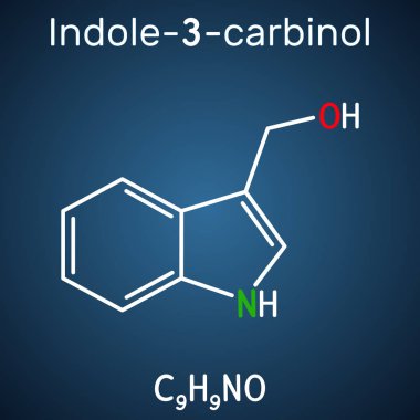 Indole-3-carbinol molekülü, brokoli, lahana, karnabahar, Brüksel lahanası, lahana yeşili ve lahana gibi sebzelerde bulunur. Koyu mavi sırtüstü üzerinde yapısal kimyasal formül