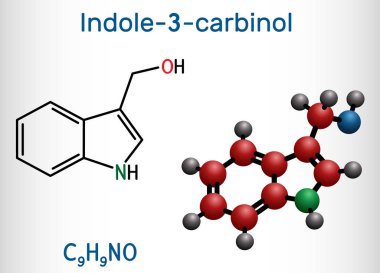 Indole-3-carbinol molekülü, brokoli, lahana, karnabahar, Brüksel lahanası, lahana yeşili ve lahana gibi sebzelerde bulunur. Yapısal kimyasal formül ve molekül modeli