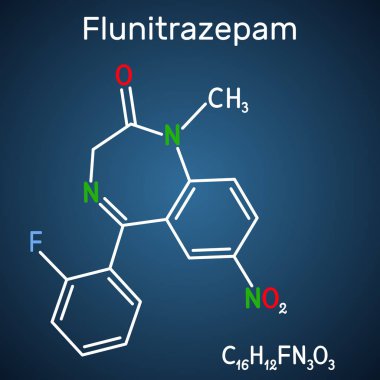 Flunitrazepam ilaç molekülü. Hipnotize edici, sakinleştirici ve endişe verici özellikleri var. Koyu mavi arkaplanda iskelet kimyasal formül