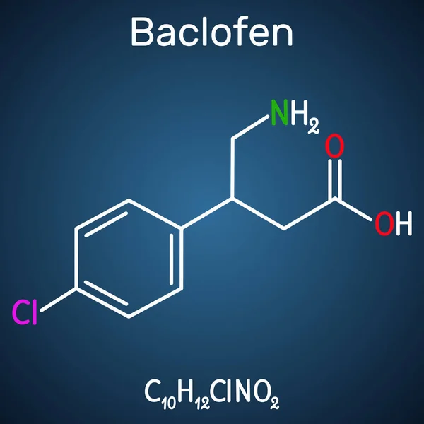 La molécula de baclofeno C10H12ClNO2, es un medicamento utilizado para tratar la espasticidad muscular. Fórmula química estructural sobre el fondo azul oscuro — Vector de stock