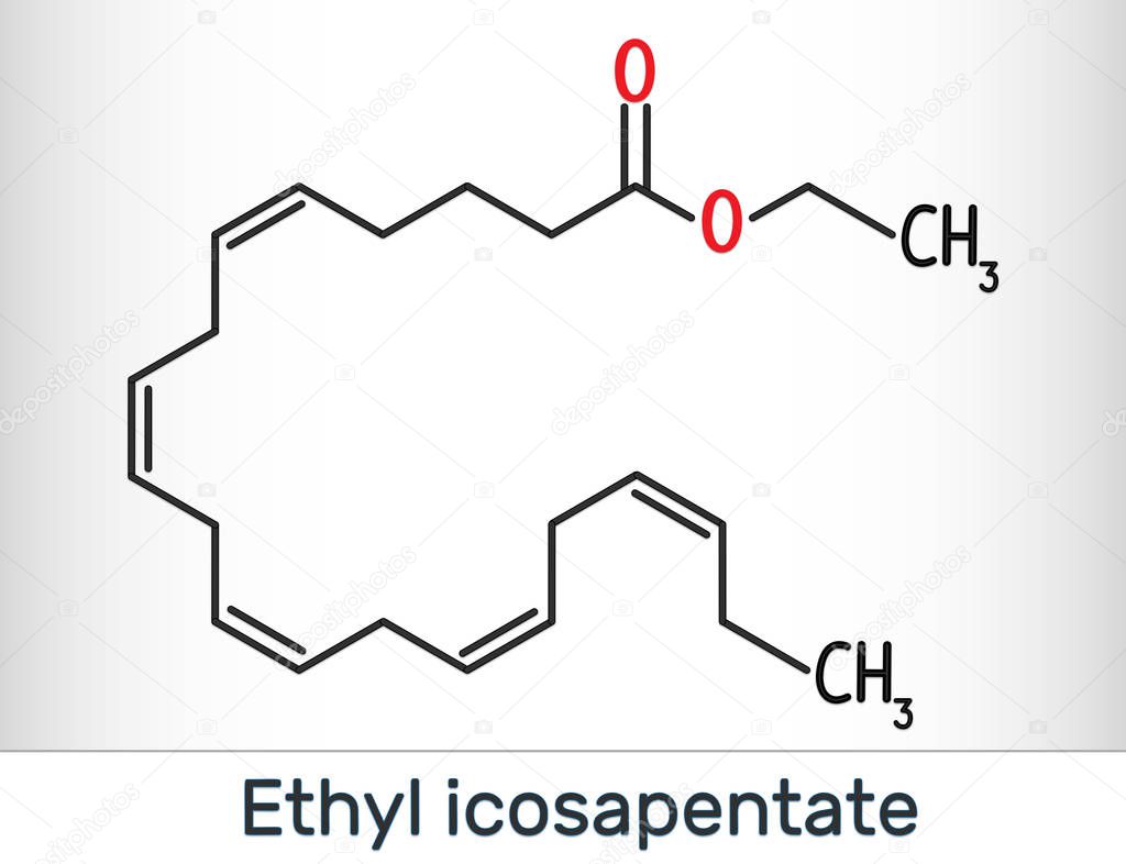 Ethyl eicosapentaenoic acid icosapent ethyl molecule. Skeletal chemical formula. 