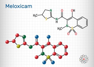 Meloxicam C14h13n3o4s2 molekülü. Steroid içermeyen, iltihaplı bir ilaç. Yapısal kimyasal formül ve molekül modeli. Kafesteki bir kağıt parçası.