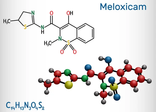Meloxikam C14h13n3o4s2 molekuly. Iit je nesteroidní protizánětlivý lék Nsaid. Strukturální chemický vzorec a model molekuly. — Stockový vektor