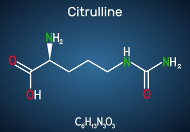 Citrulline C6h13n3o3, alfa amino asit molekülü. Koyu mavi arkaplanda yapısal kimyasal formül. 