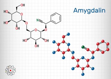 Amygdalin, laetrile molekülü, doğal olarak oluşan bir siyanojenik glikozittir. Yapısal kimyasal formül ve molekül modeli. Kafesteki bir kağıt parçası
