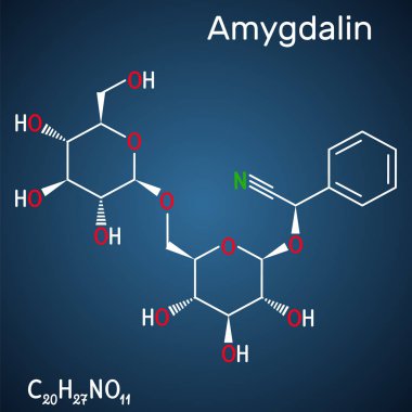 Amygdalin, laetrile molekülü, doğal olarak oluşan bir siyanojenik glikozittir. Koyu mavi arkaplanda yapısal kimyasal formül. 