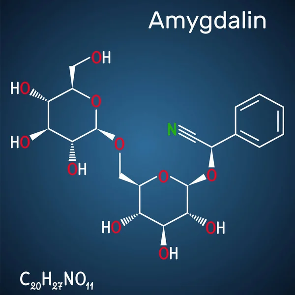 La amígdalina, molécula de laetrilo, es un glucósido cianogénico natural. Fórmula química estructural sobre el fondo azul oscuro . — Vector de stock