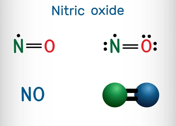 Óxido nítrico, monóxido de azoto, molécula de NO. Fórmula química estrutural e modelo de molécula . — Vetor de Stock