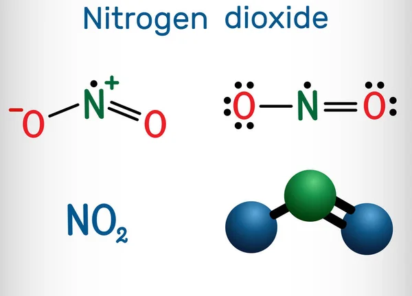 Dióxido de nitrógeno, molécula de NO2. Fórmula química estructural y modelo molecular . — Vector de stock